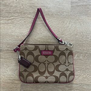 Coach Brown Signature Canvas Wristlet with Pink Trim